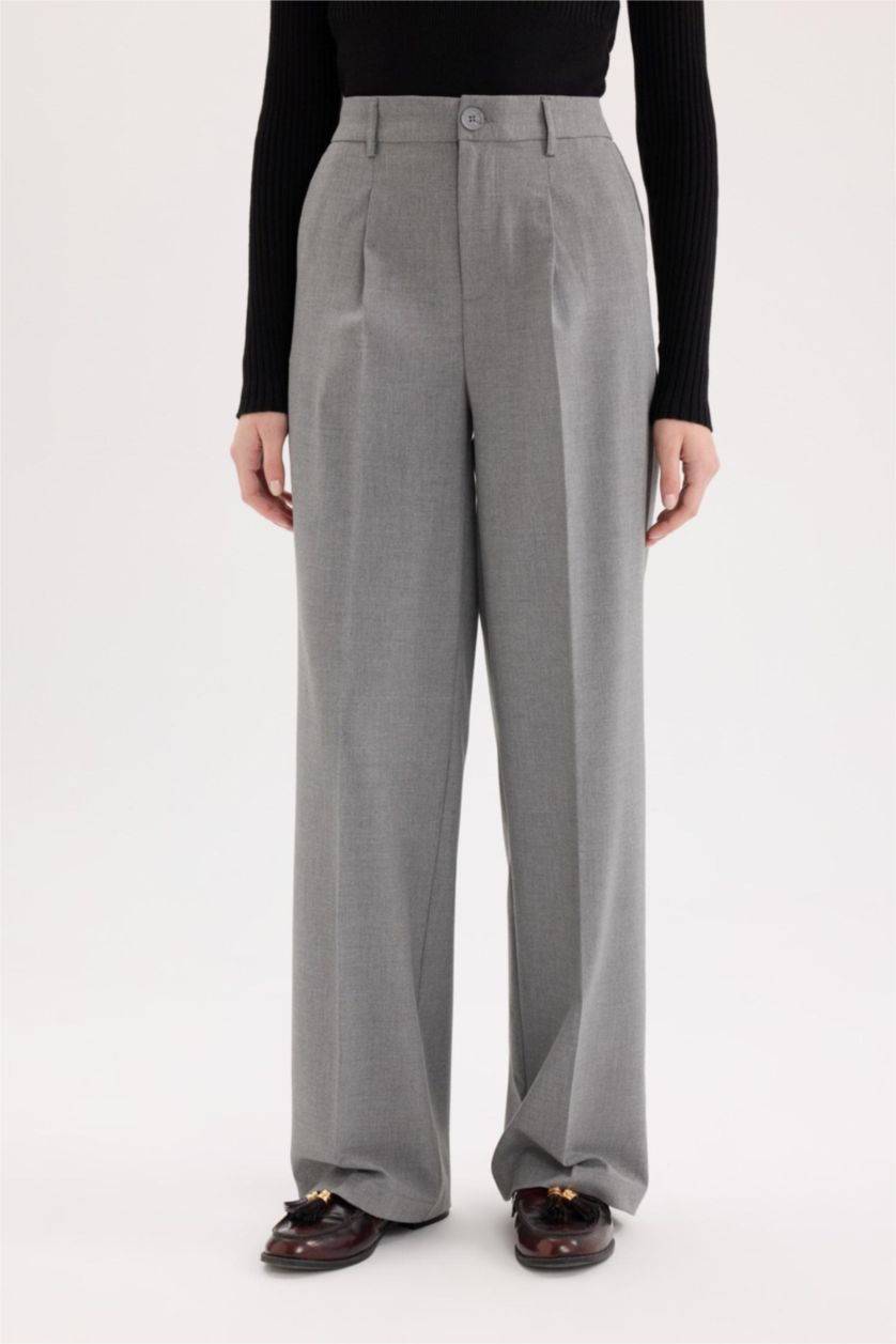 Kadın Antrasit Melanj Klasik Kumaş Palazzo Pantolon Wide Leg Geniş Bol Paça Çift Cepli Yüksek Bel Standart Boy Basic Düz