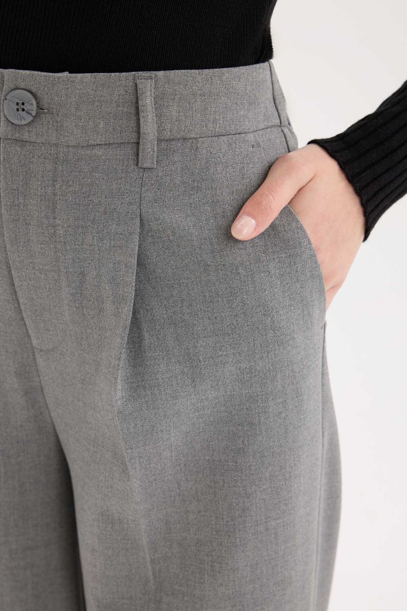 Kadın Antrasit Melanj Klasik Kumaş Palazzo Pantolon Wide Leg Geniş Bol Paça Çift Cepli Yüksek Bel Standart Boy Basic Düz