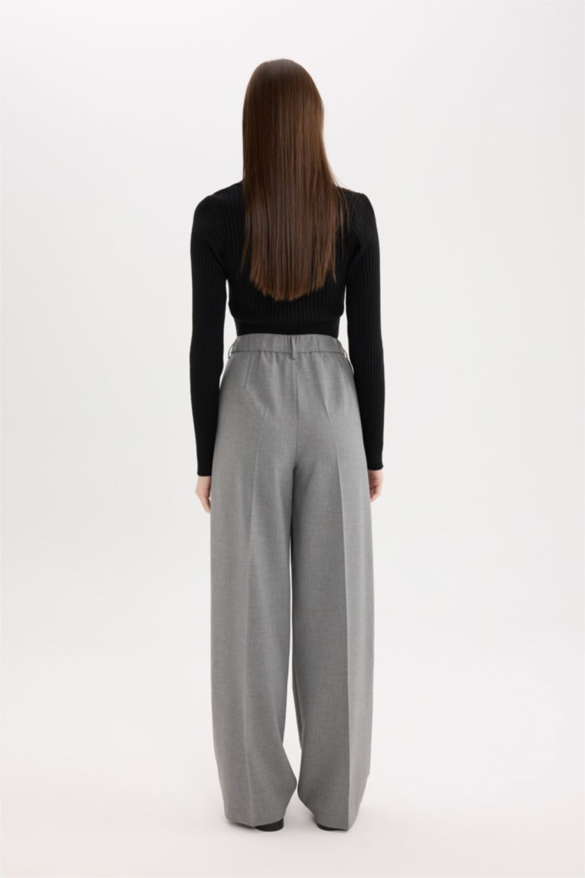 Kadın Antrasit Melanj Klasik Kumaş Palazzo Pantolon Wide Leg Geniş Bol Paça Çift Cepli Yüksek Bel Standart Boy Basic Düz