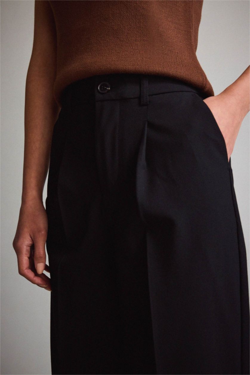 Kadın Siyah Wide Leg Klasik Kumaş Pantolon Basic Düz Geniş Bol Paça Çift Cepli Yüksek Bel Standart Boy