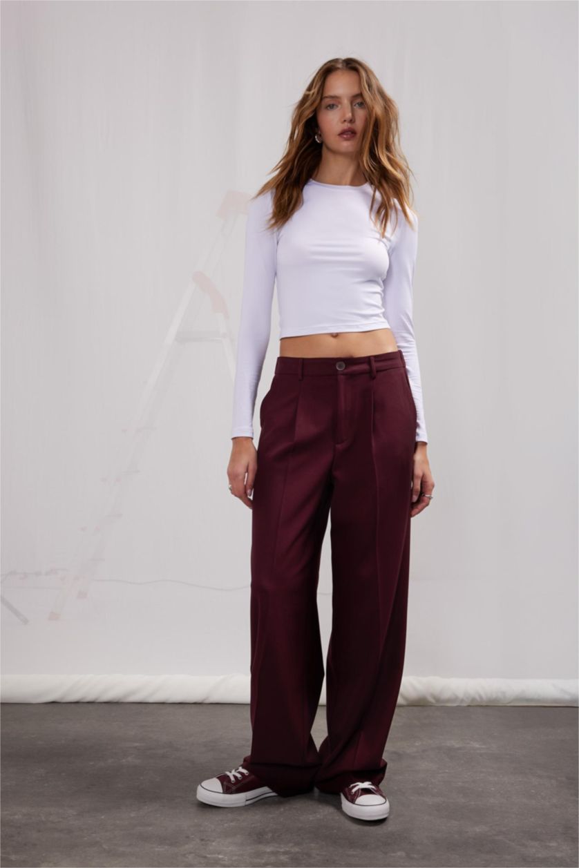 Kadın Bordo Wide Leg Klasik Kumaş Pantolon Geniş Bol Paça Çift Cepli Yüksek Bel Standart Boy Basic Düz