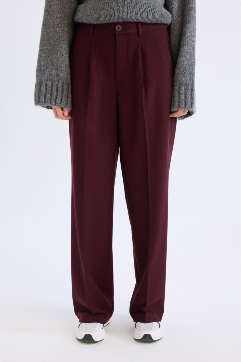 Kadın Bordo Wide Leg Klasik Kumaş Pantolon Geniş Bol Paça Çift Cepli Yüksek Bel Standart Boy Basic Düz