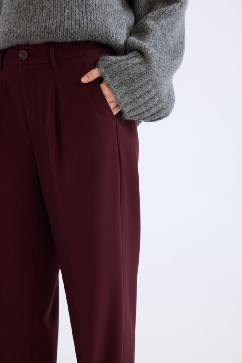 Kadın Bordo Wide Leg Klasik Kumaş Pantolon Geniş Bol Paça Çift Cepli Yüksek Bel Standart Boy Basic Düz