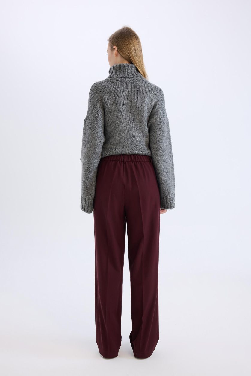 Kadın Bordo Wide Leg Klasik Kumaş Pantolon Geniş Bol Paça Çift Cepli Yüksek Bel Standart Boy Basic Düz