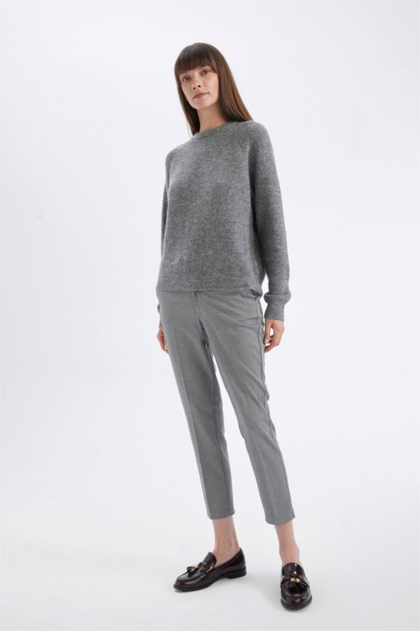 Kadın Antasit Melanj Klasik Chino Kumaş Pantolon Yüksek Bel Cepli Düz Paça