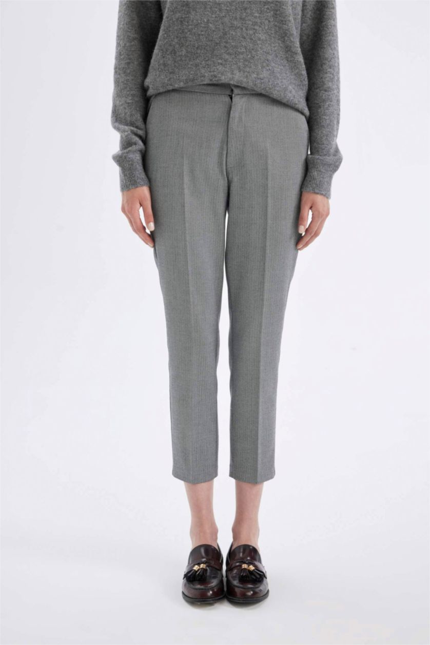 Kadın Antasit Melanj Klasik Chino Kumaş Pantolon Yüksek Bel Cepli Düz Paça