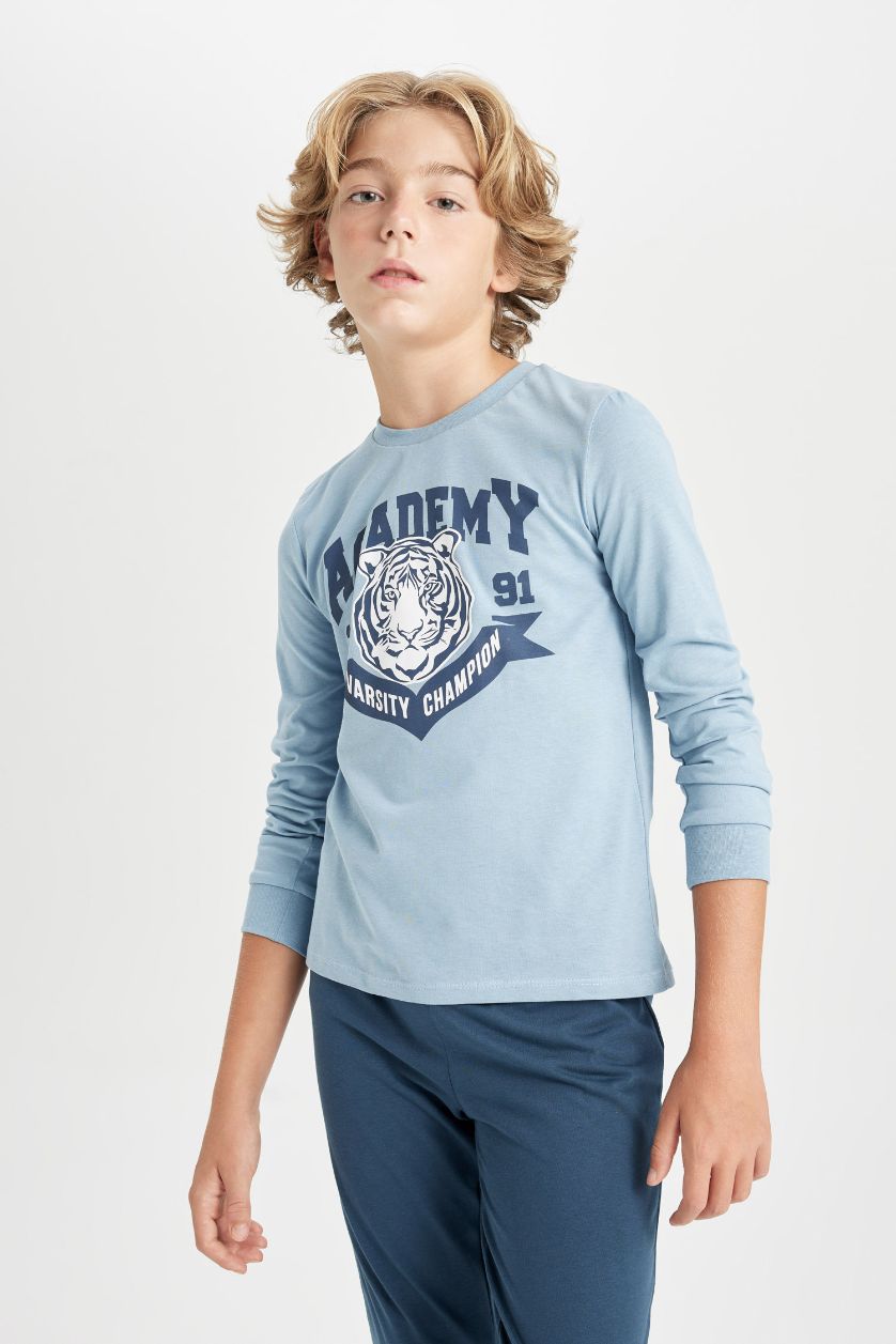 Erkek Çocuk - Genç Erkek Açık Mavi Erkek Çocuk Pijama Takımı Baskılı Uzun Kollu Üst Uzun Alt