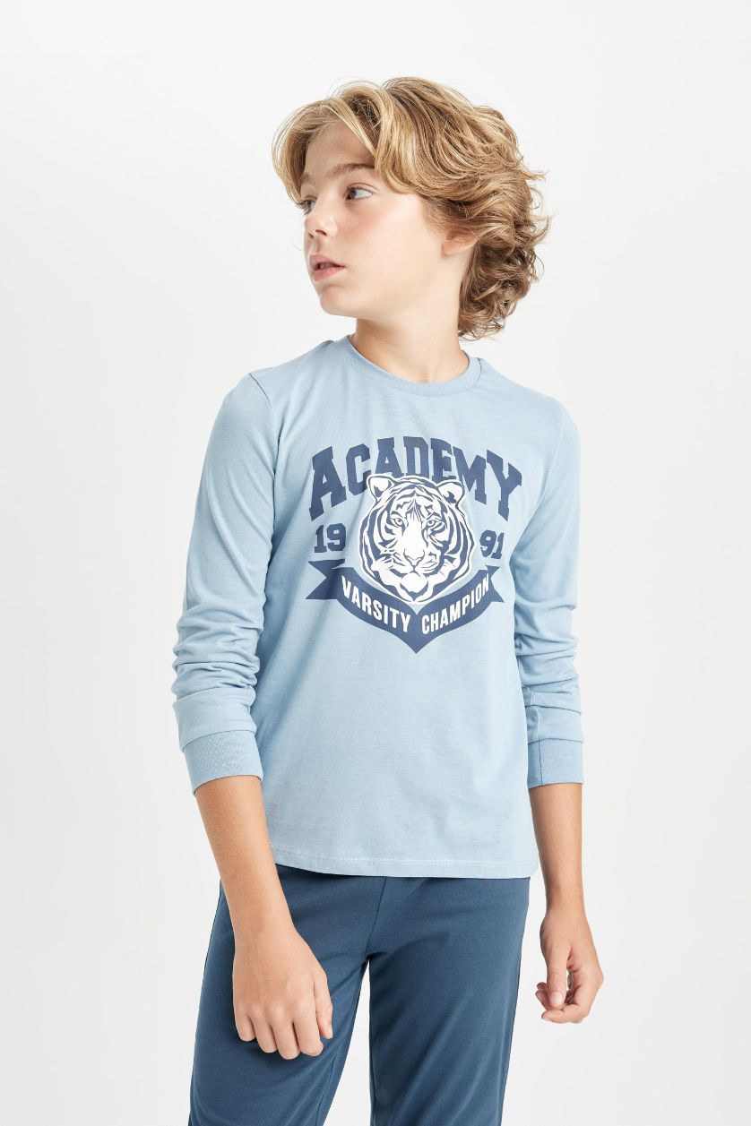 Erkek Çocuk - Genç Erkek Açık Mavi Erkek Çocuk Pijama Takımı Baskılı Uzun Kollu Üst Uzun Alt