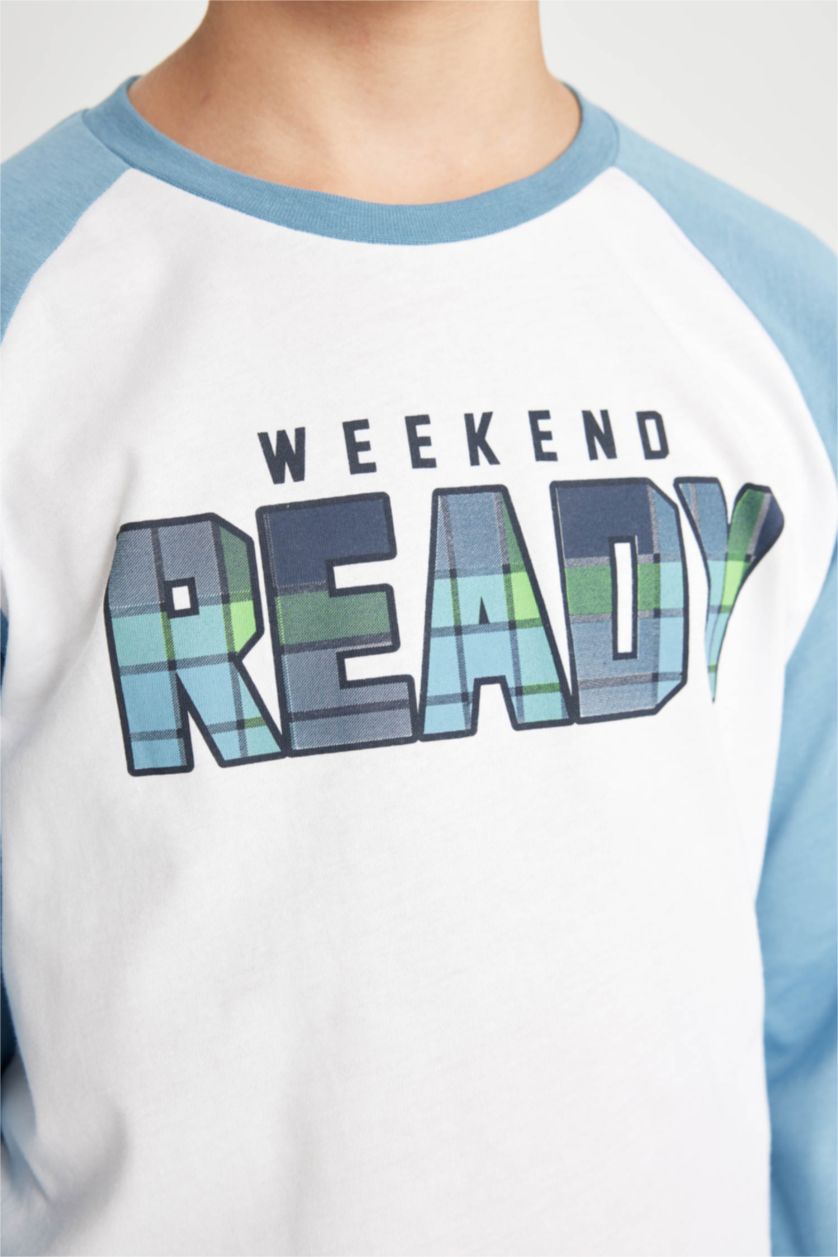 Erkek Çocuk - Genç Erkek Beyaz Erkek Çocuk Pijama Takımı Baskılı Uzun Kollu Üst Beli Lastikli Uzun Alt