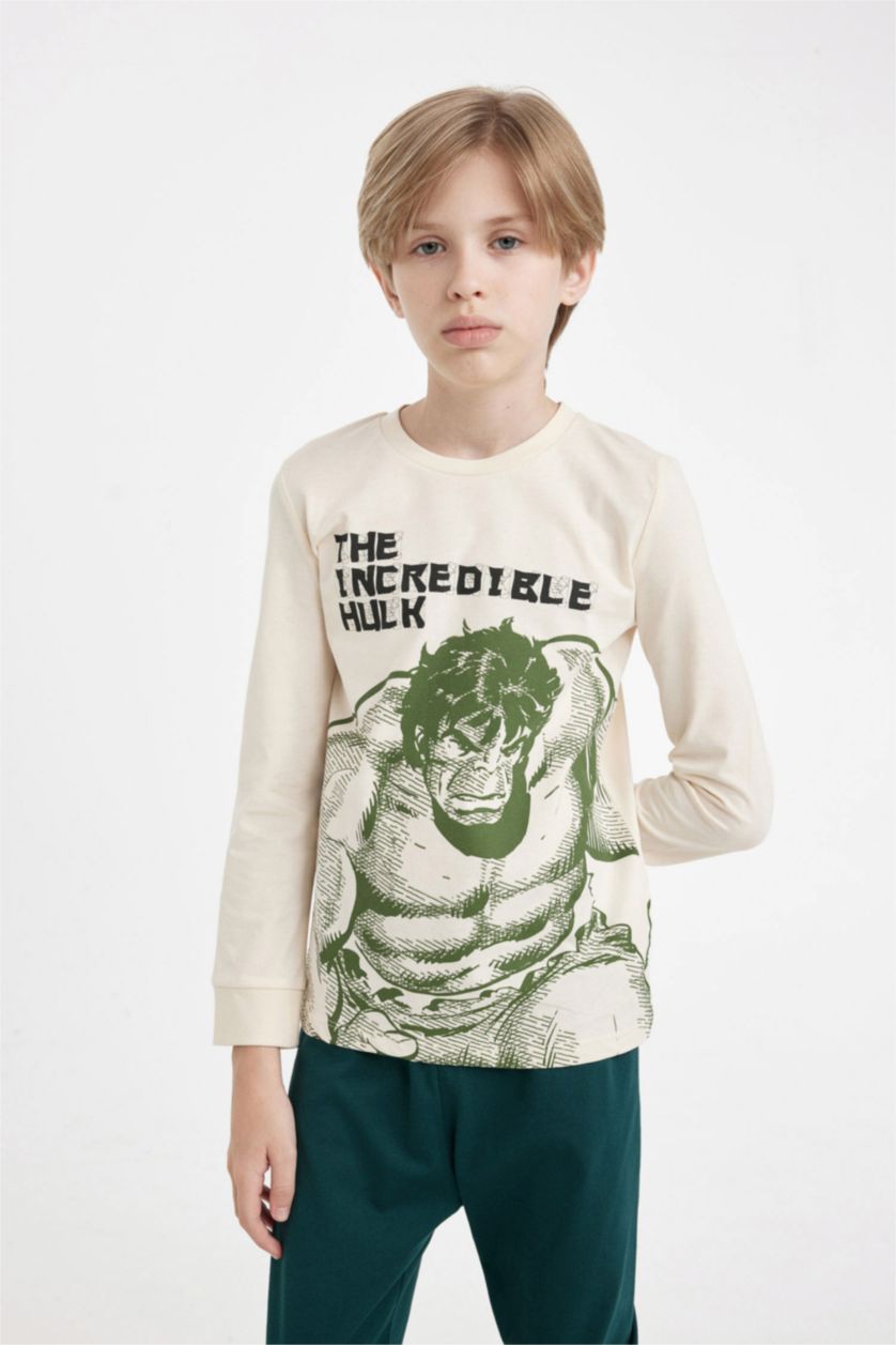 Erkek Çocuk - Genç Erkek Açık Taş Pijama Takımı Marvel Uzun Kollu Üst Beli Lastikli Uzun Alt Erkek Çocuk