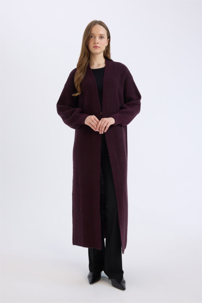 Kadın Bordo Regular Fit Basic Düz Uzun Triko Hırka