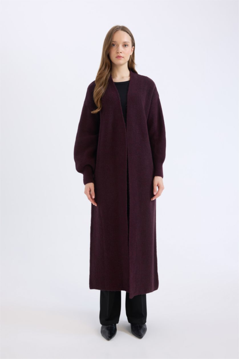 Kadın Bordo Regular Fit Basic Düz Uzun Triko Hırka