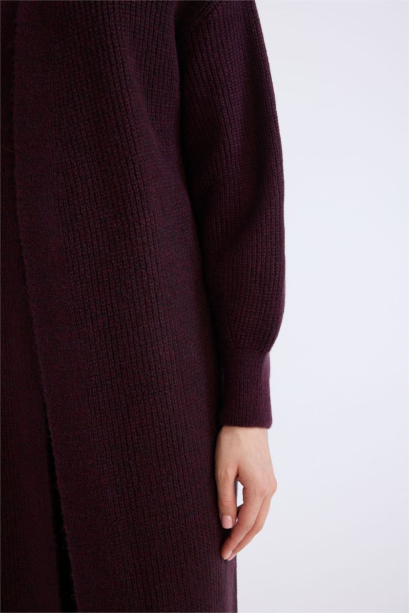 Kadın Bordo Regular Fit Basic Düz Uzun Triko Hırka