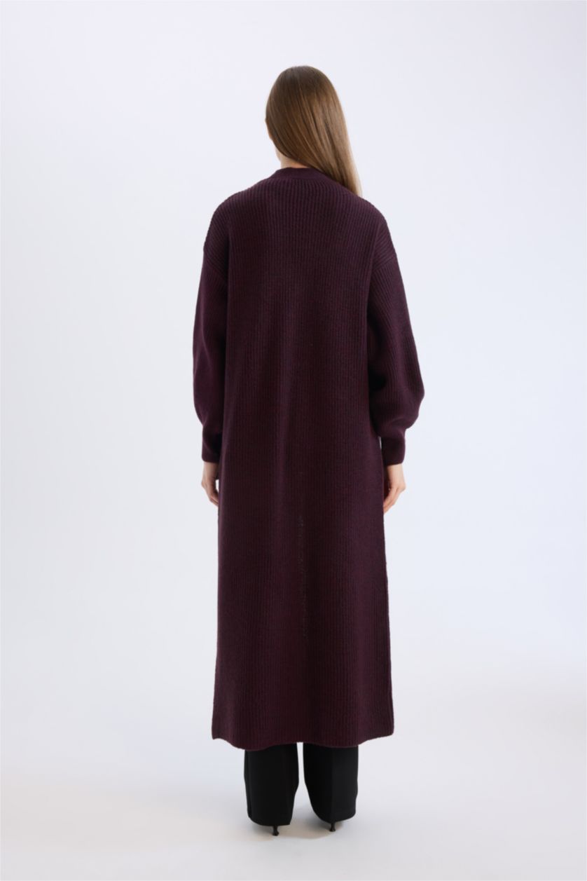 Kadın Bordo Regular Fit Basic Düz Uzun Triko Hırka