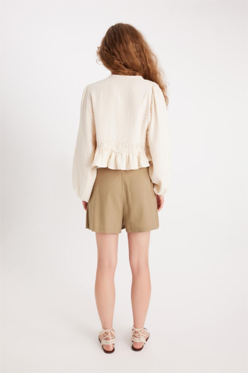 Kadın Meşe Yeşili Manuka x DeFacto Keten Karışımlı Nakışlı Mini Şort Etek