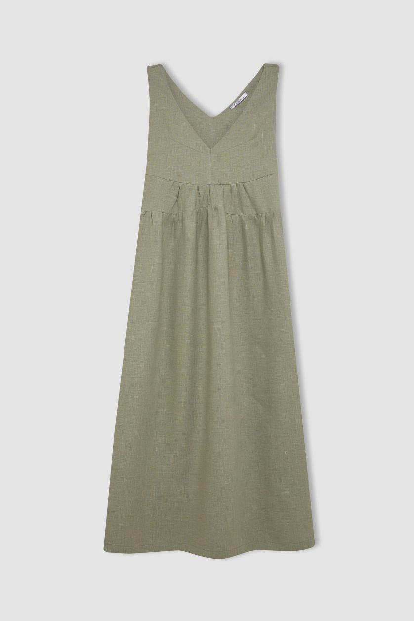 Kadın Yeşil Manuka x DeFacto %100 Keten V Yaka Kolsuz Midi Elbise
