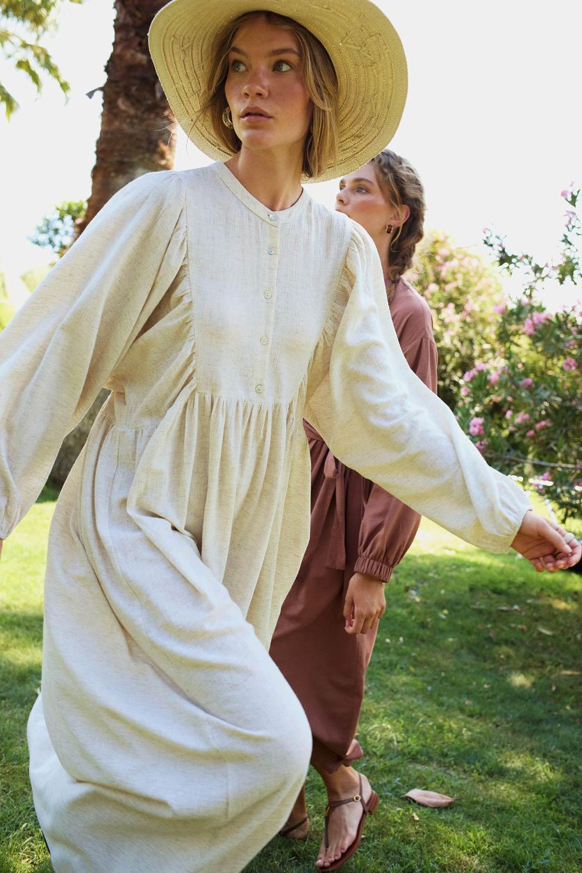 نساء بيج فاتح فستان طويل قطن قصة عادية من Manuka x DeFacto