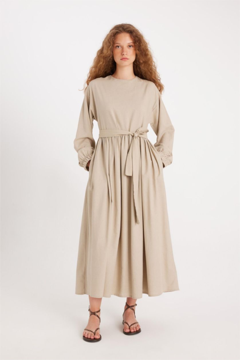 Kadın Bej Manuka x DeFacto Bisiklet Yaka Keten Karışımlı Uzun Kollu Maxi Elbise