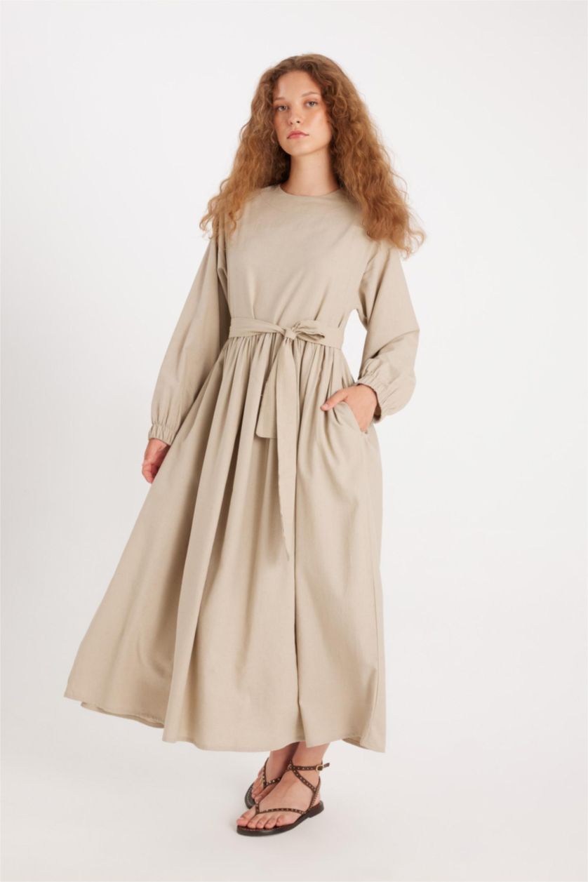 Kadın Bej Manuka x DeFacto Bisiklet Yaka Keten Karışımlı Uzun Kollu Maxi Elbise