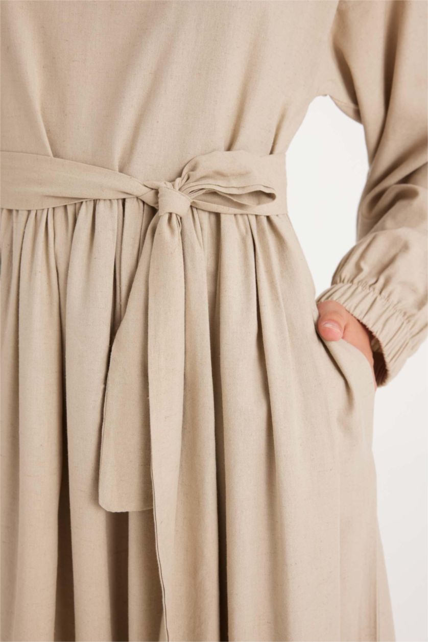 Kadın Bej Manuka x DeFacto Bisiklet Yaka Keten Karışımlı Uzun Kollu Maxi Elbise