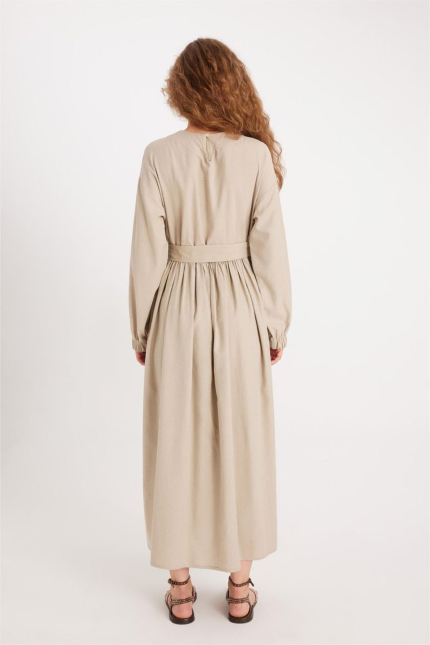 Kadın Bej Manuka x DeFacto Bisiklet Yaka Keten Karışımlı Uzun Kollu Maxi Elbise