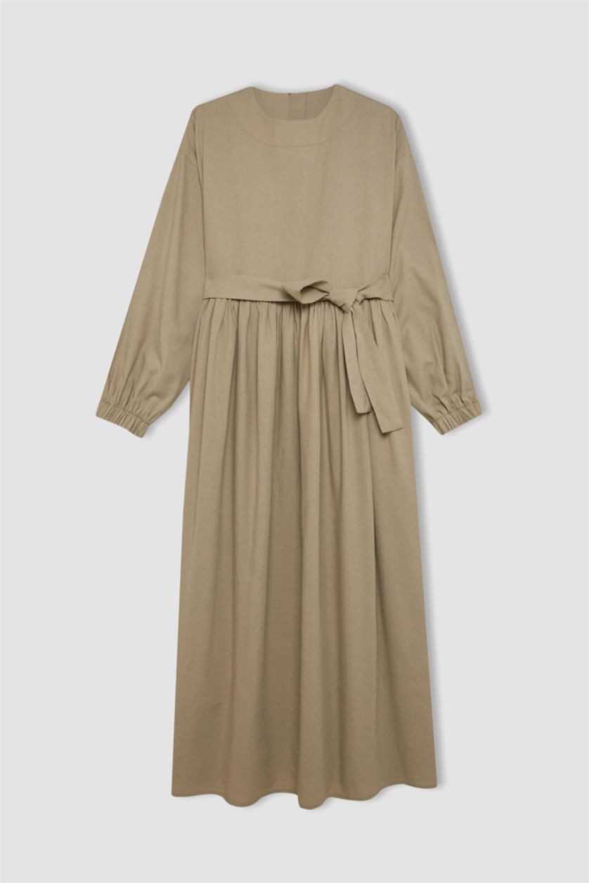 Kadın Bej Manuka x DeFacto Bisiklet Yaka Keten Karışımlı Uzun Kollu Maxi Elbise