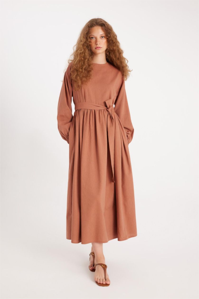 Kadın Açık Kahve Keten Karışımlı Elbise