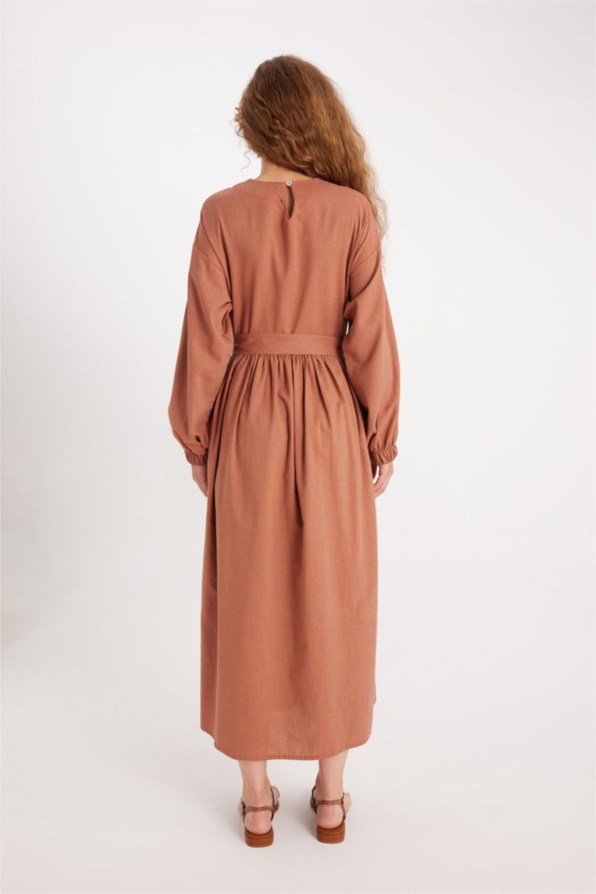 Kadın Açık Kahve Keten Karışımlı Elbise