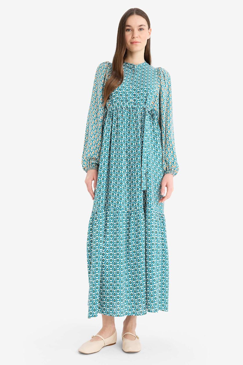 Woman Green Patterned Belted Long Sleeve Maxi Modest Dress