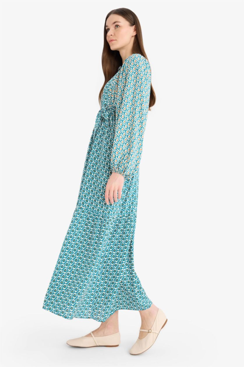 Woman Green Patterned Belted Long Sleeve Maxi Modest Dress