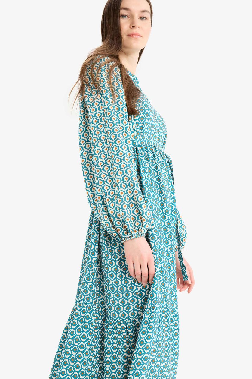 Woman Green Patterned Belted Long Sleeve Maxi Modest Dress