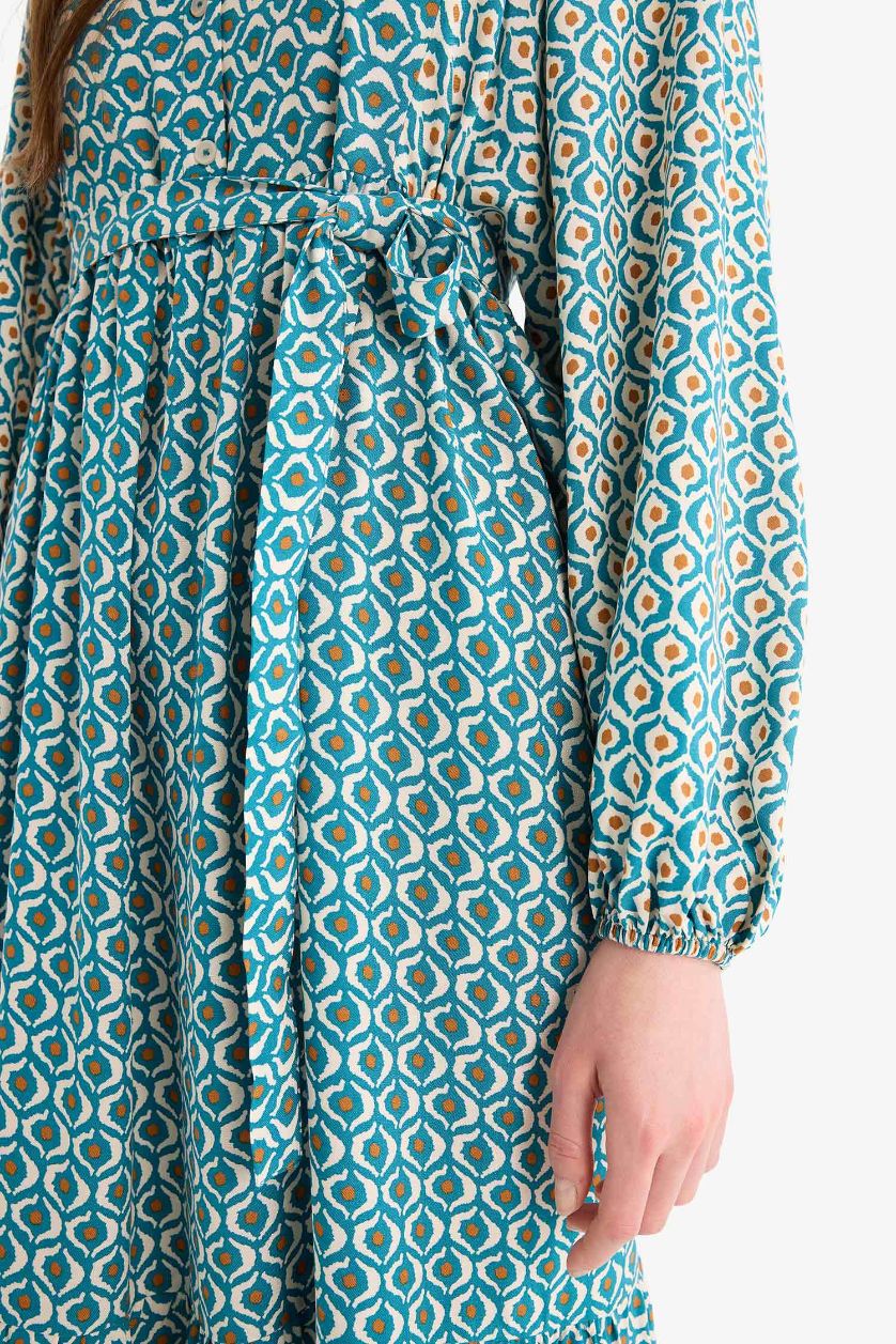 Woman Green Patterned Belted Long Sleeve Maxi Modest Dress