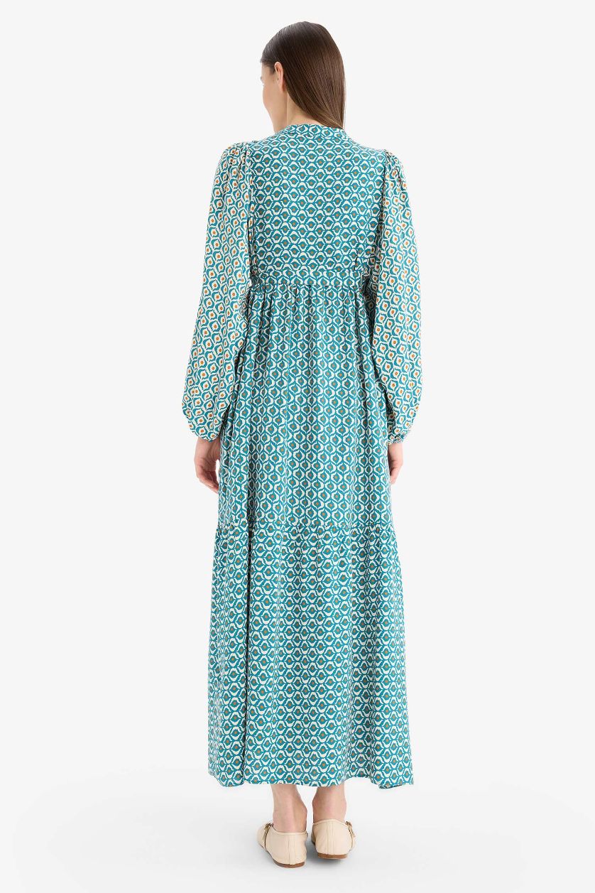 Woman Green Patterned Belted Long Sleeve Maxi Modest Dress