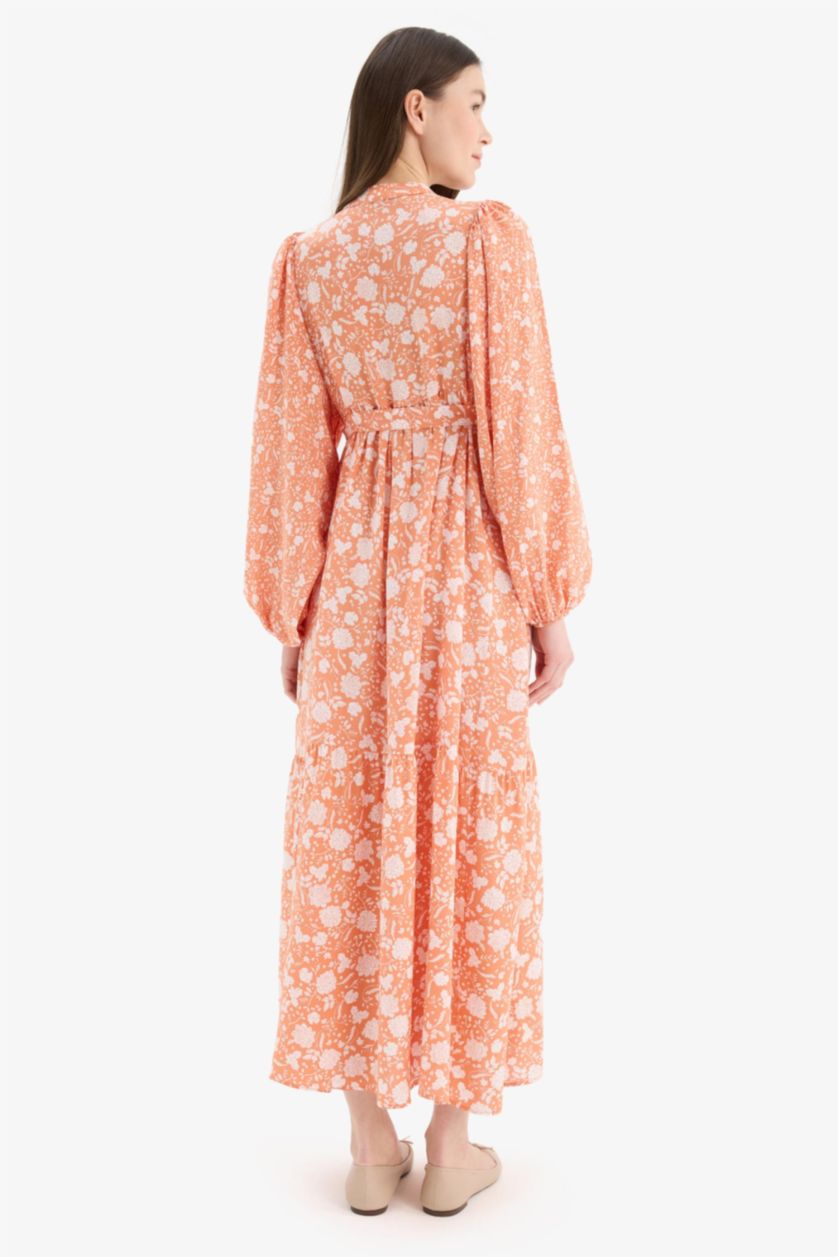 نساء سيموني فستان محجبات طويل منقوش بياخة عالية وردن عريض