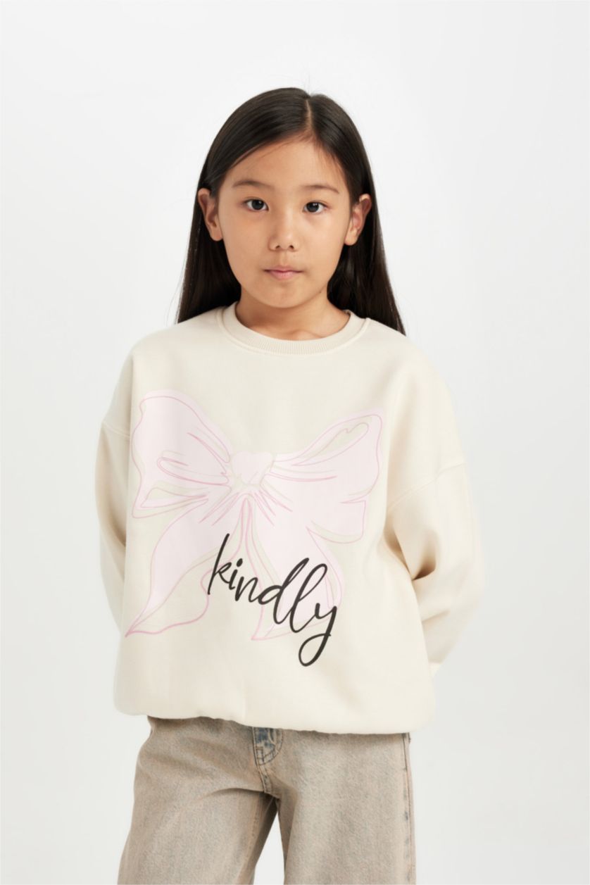 Kız Çocuk - Genç Kız Ekru Relax Fıt Bisiklet Yaka Baskılı Sweatshirt Kız Çocuk