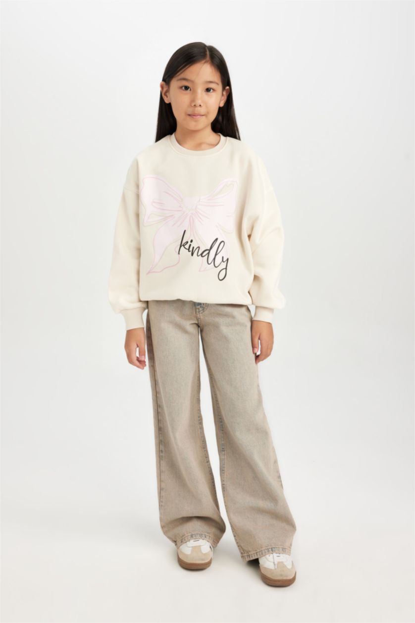 Kız Çocuk - Genç Kız Ekru Relax Fıt Bisiklet Yaka Baskılı Sweatshirt Kız Çocuk