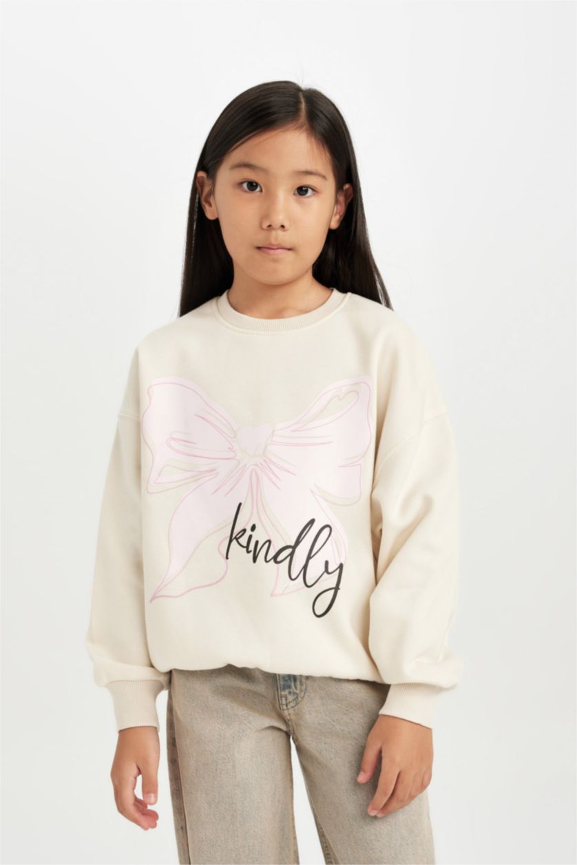 Kız Çocuk - Genç Kız Ekru Relax Fıt Bisiklet Yaka Baskılı Sweatshirt Kız Çocuk