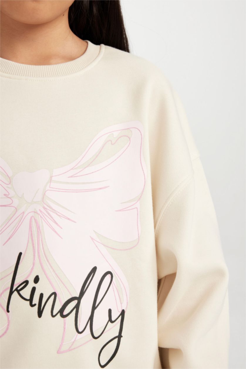 Kız Çocuk - Genç Kız Ekru Relax Fıt Bisiklet Yaka Baskılı Sweatshirt Kız Çocuk