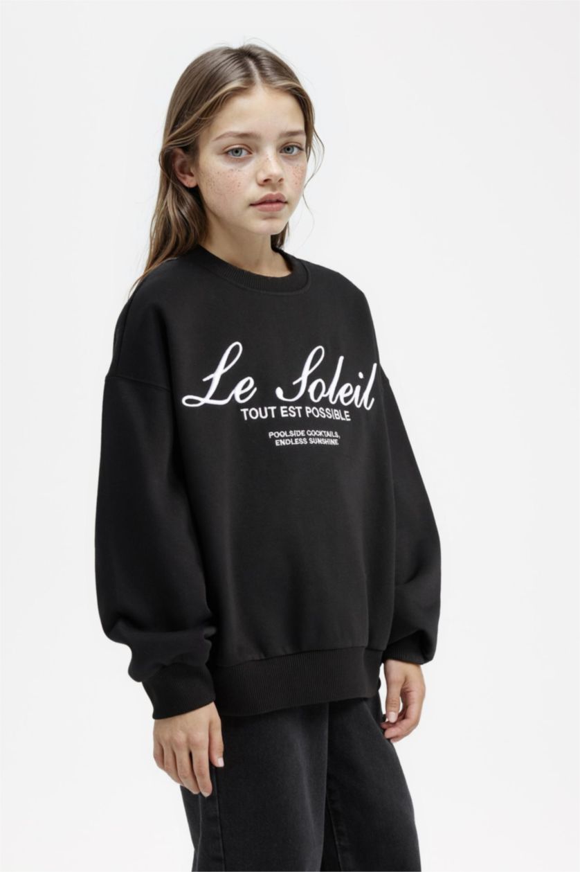 Kız Çocuk - Genç Kız Siyah Oversize Geniş Kalıp Bisiklet Yaka Baskılı Sweatshirt Kız Çocuk