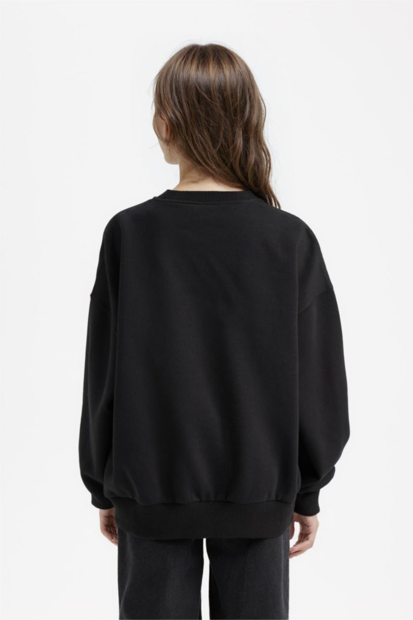 Kız Çocuk - Genç Kız Siyah Oversize Geniş Kalıp Bisiklet Yaka Baskılı Sweatshirt Kız Çocuk