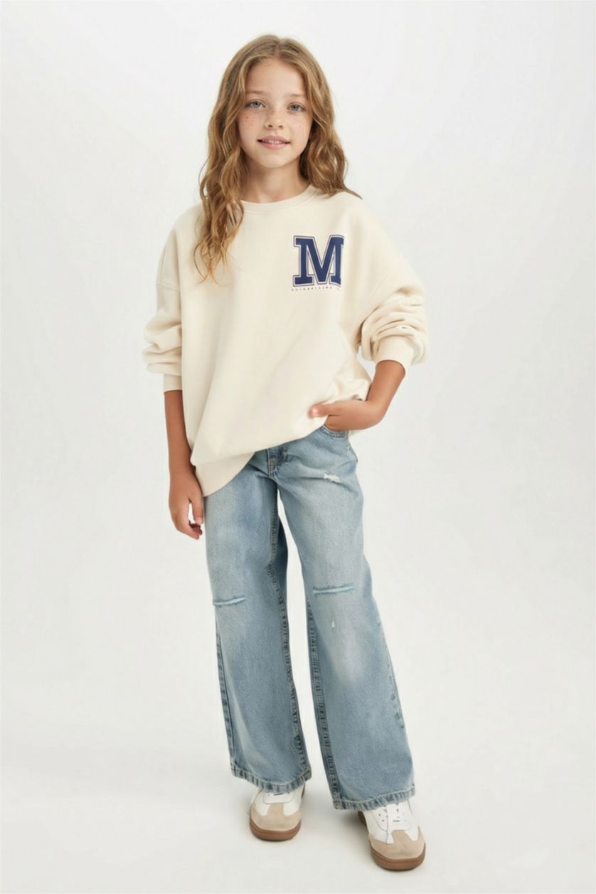 بناتي بيج فاتح Girl Oversize Crew Neck University Printed Sweatshirt