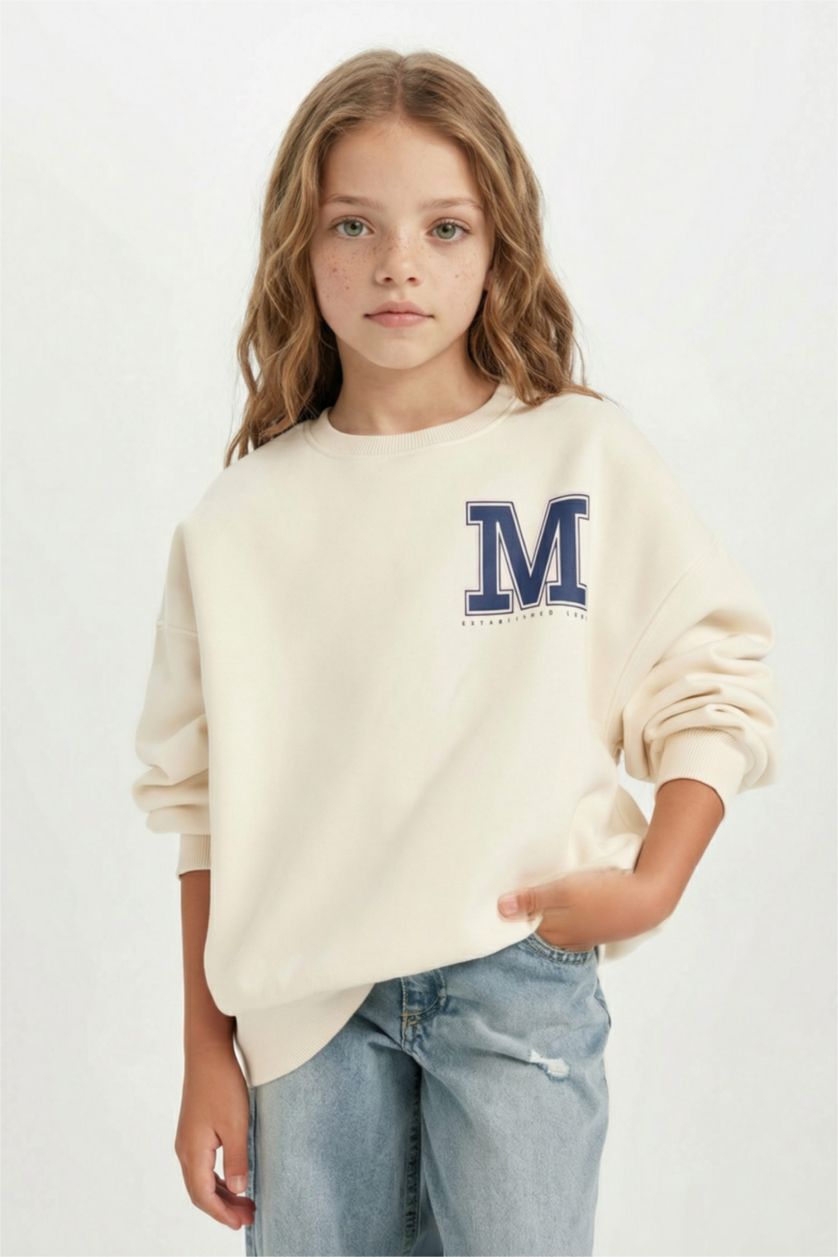 بناتي بيج فاتح Girl Oversize Crew Neck University Printed Sweatshirt