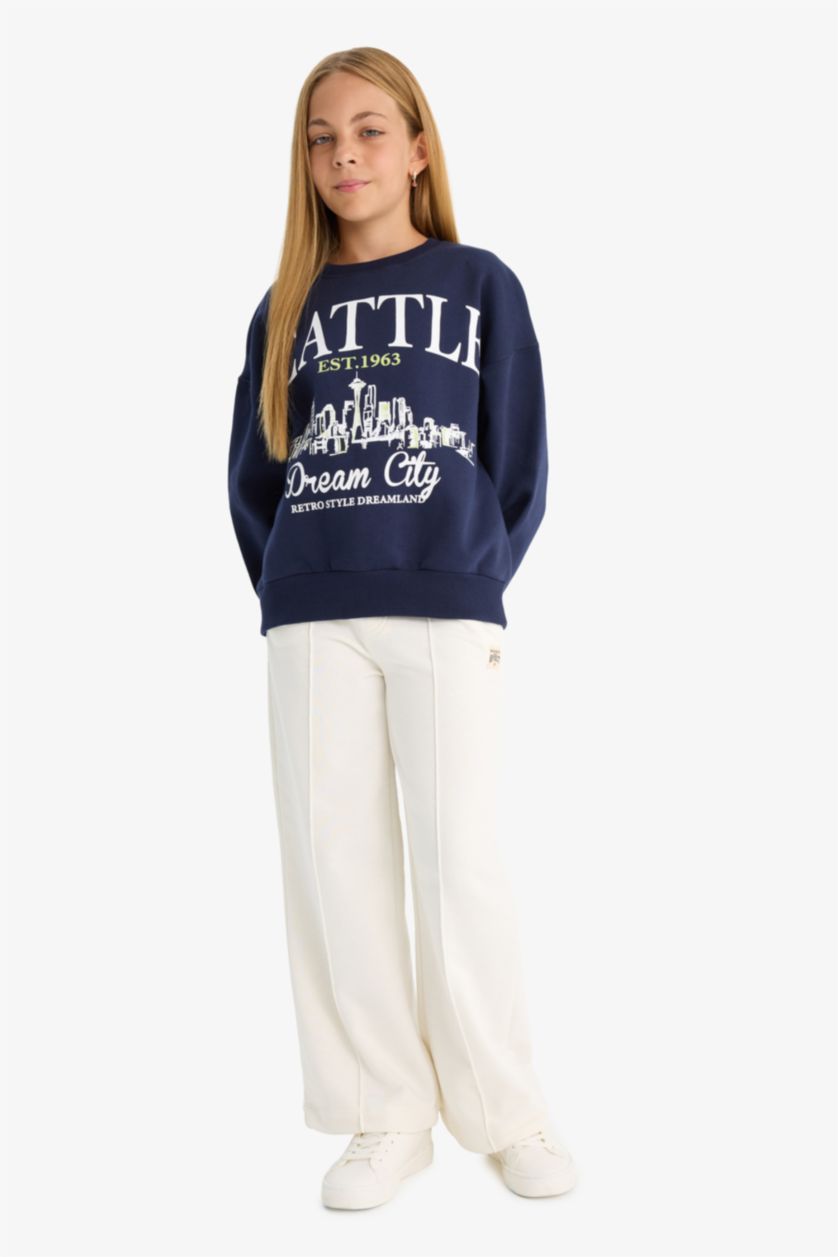 Kız Çocuk - Genç Kız Lacivert Relax Fit Bisiklet Yaka Baskılı Sweatshirt Kız Çocuk