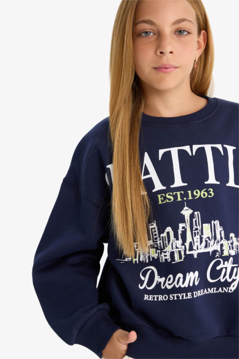 Kız Çocuk - Genç Kız Lacivert Relax Fit Bisiklet Yaka Baskılı Sweatshirt Kız Çocuk