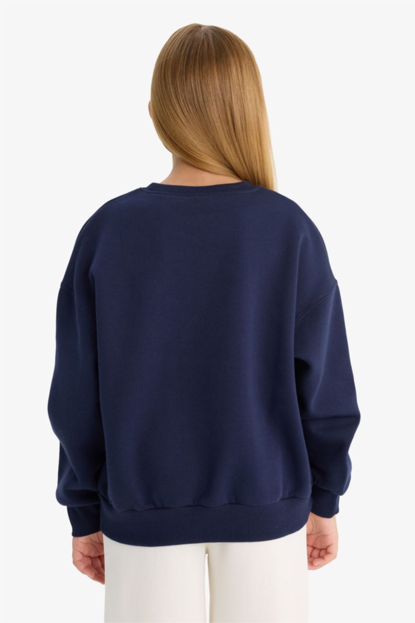 Kız Çocuk - Genç Kız Lacivert Relax Fit Bisiklet Yaka Baskılı Sweatshirt Kız Çocuk