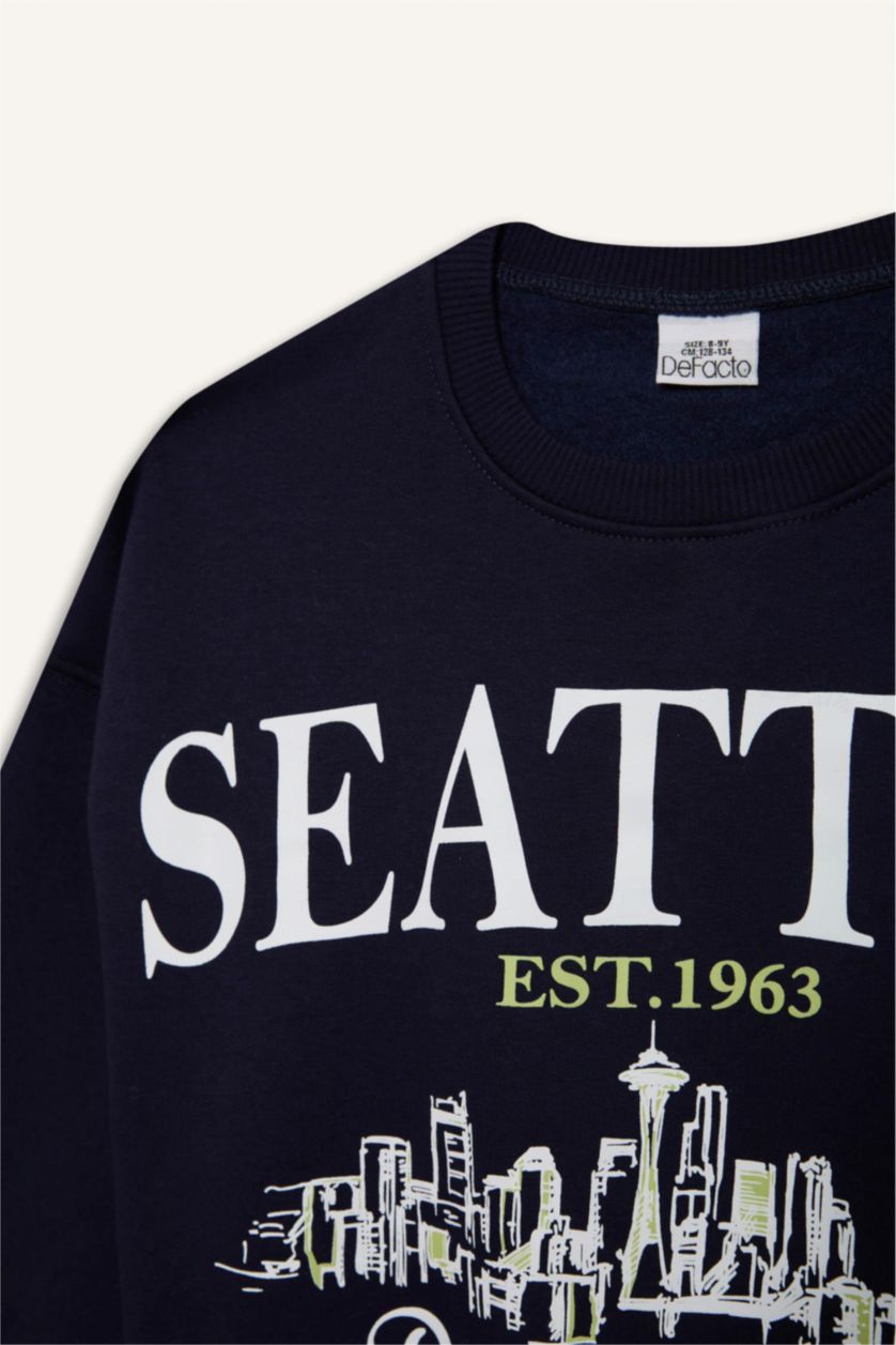 Kız Çocuk - Genç Kız Lacivert Relax Fit Bisiklet Yaka Baskılı Sweatshirt Kız Çocuk