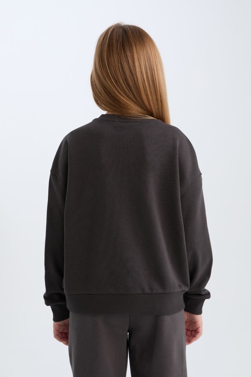 Kız Çocuk - Genç Kız Antrasit Oversize Geniş Kalıp Bisiklet Yaka Baskılı Sweatshirt Kız Çocuk