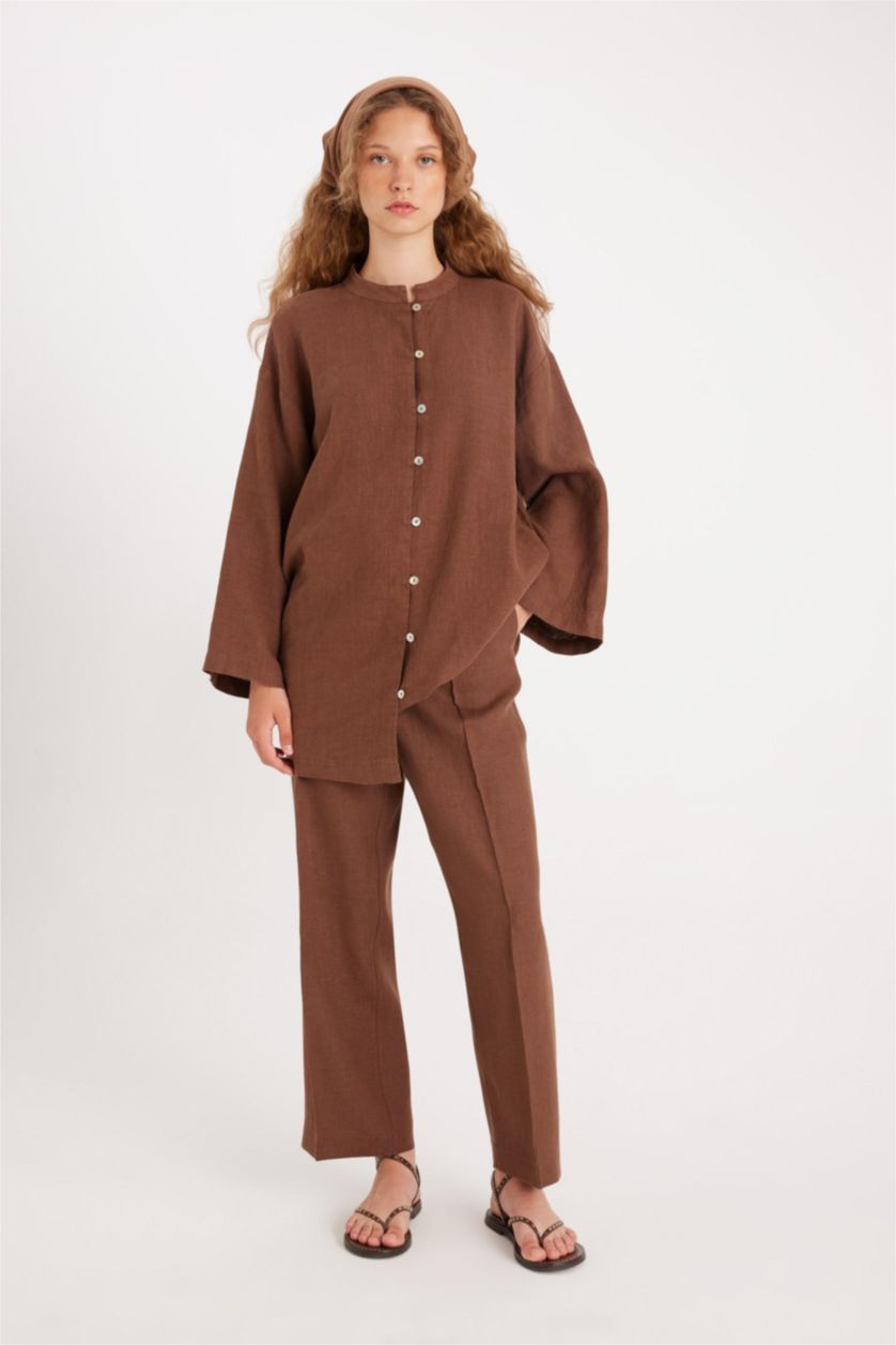 Brown Woman Straight Fit linen Trousers 3148996 | DeFacto