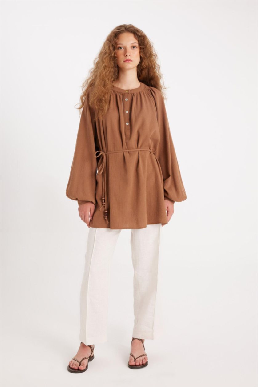 Kadın Ekru Manuka x DeFacto Straight Fit Keten Pantolon