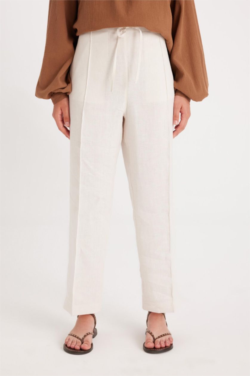 Kadın Ekru Manuka x DeFacto Straight Fit Keten Pantolon